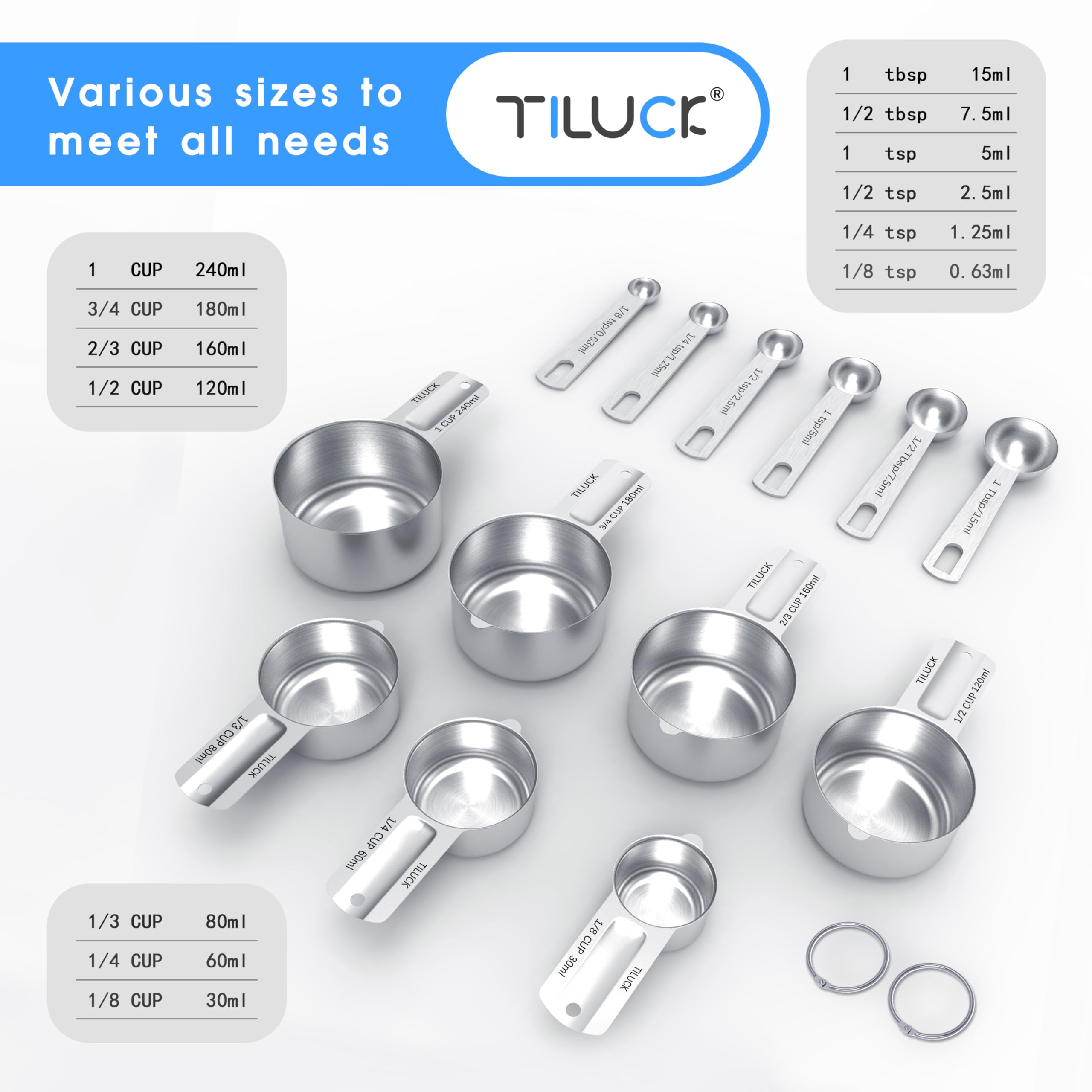 TILUCK stacked measuring cups and spoons nesting compactly for neat storage and space saving