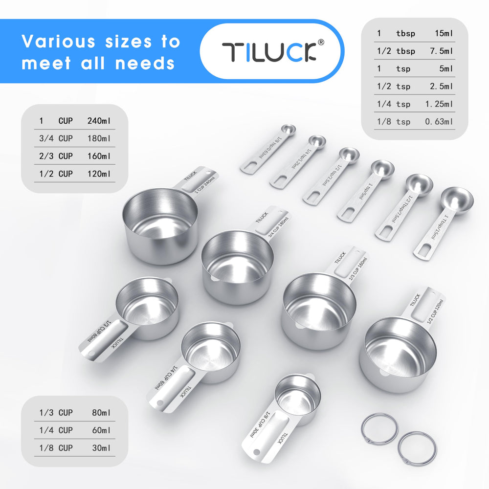 TILUCK stacked measuring cups and spoons nesting compactly for neat storage and space saving