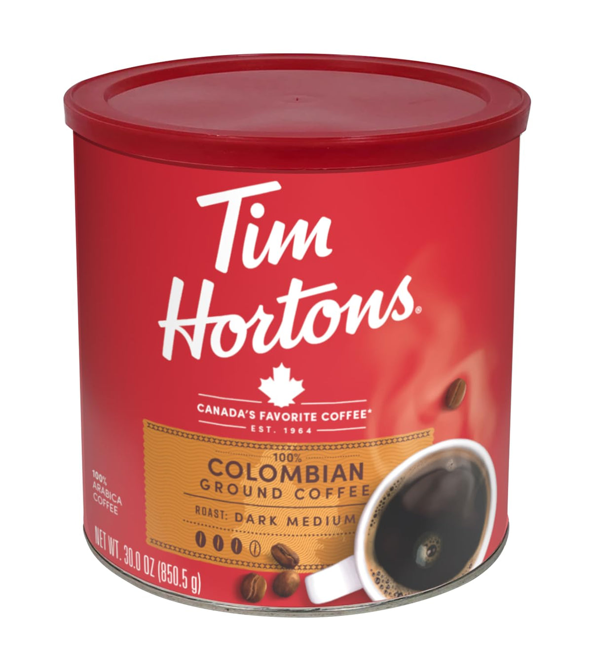 Tim Hortons 30 oz can front view showing label and resealable lid, convenient storage
