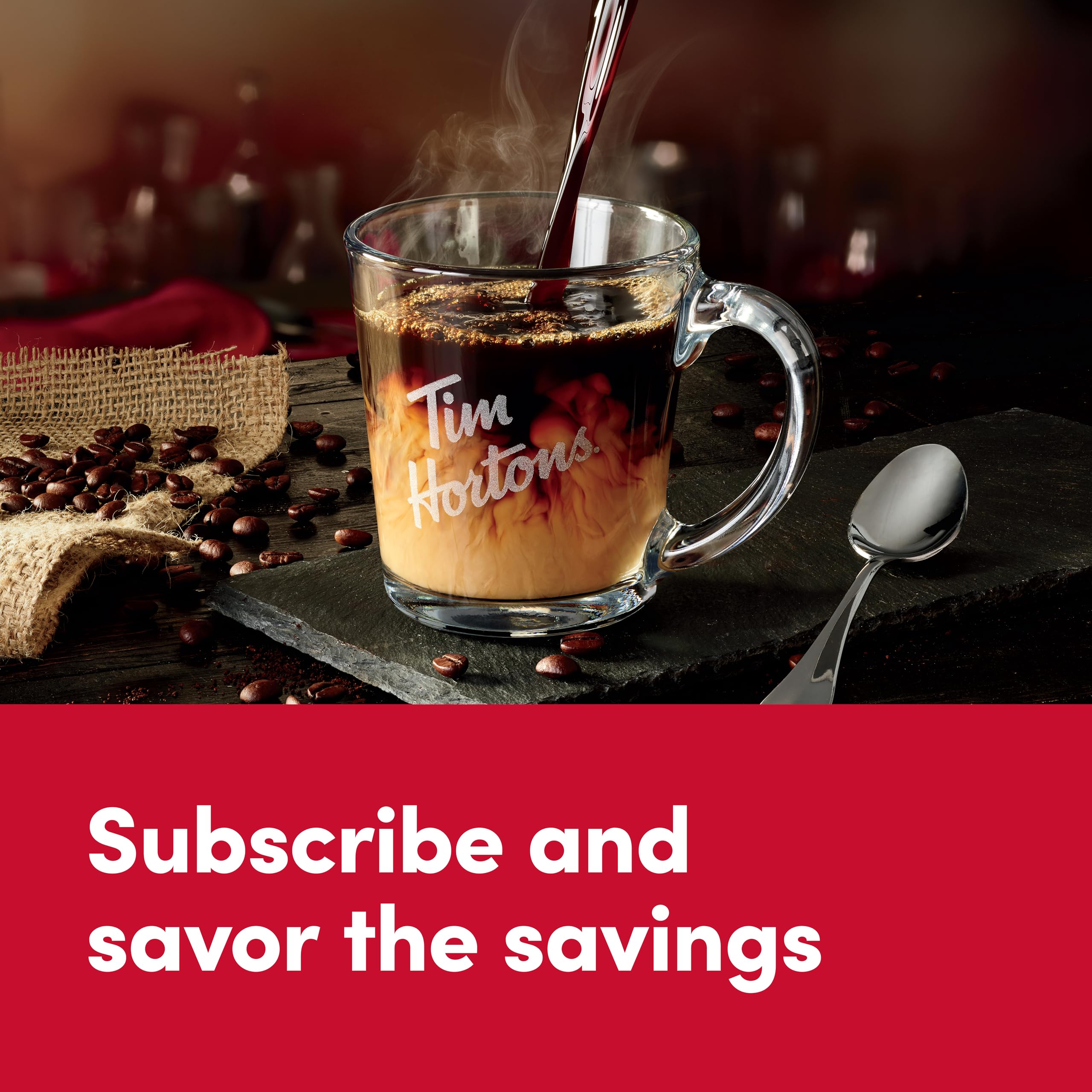 Tim Hortons 30 oz can on kitchen counter beside poured cup, ideal for daily household use