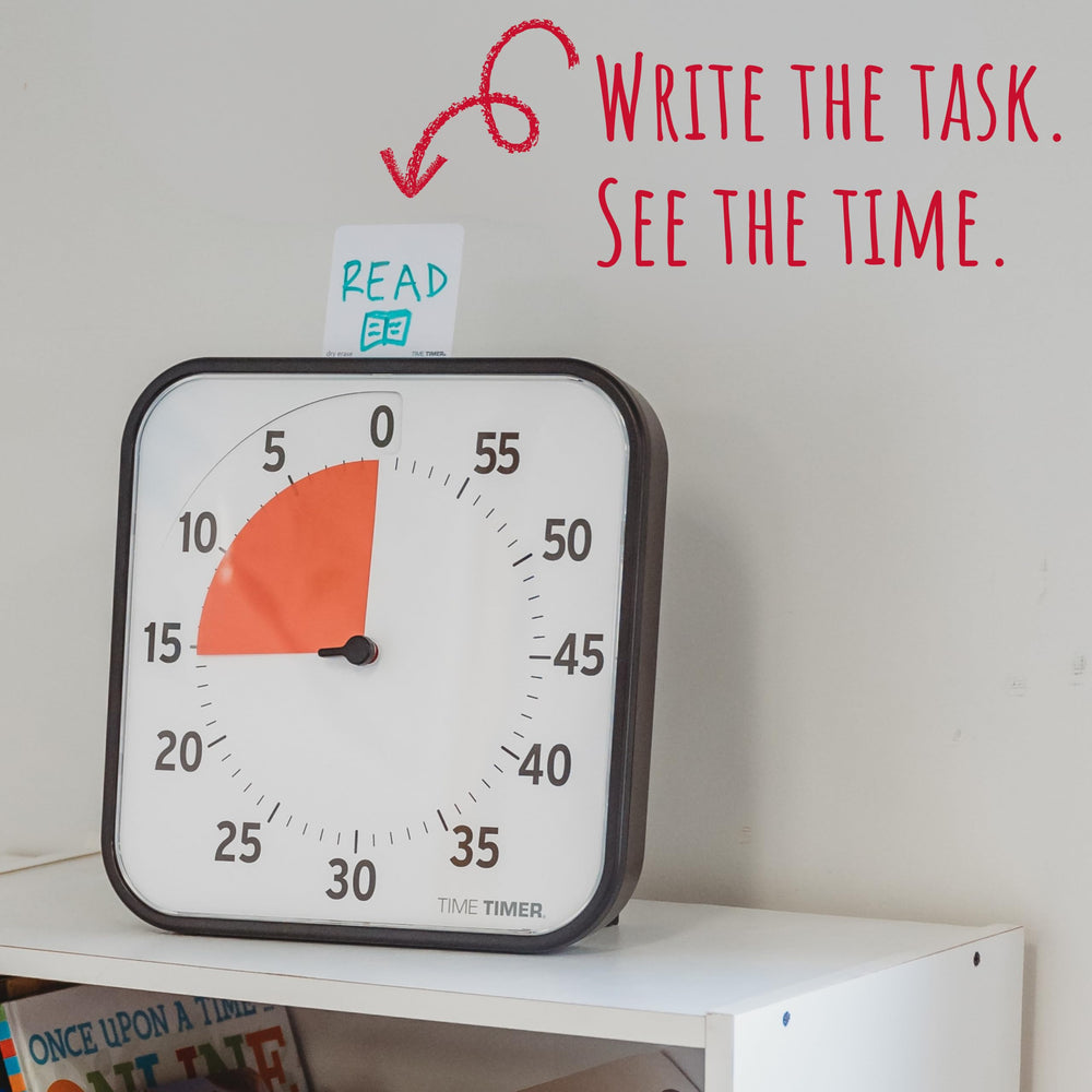 TIME TIMER beside a ruler showing 12-inch scale for size and visibility