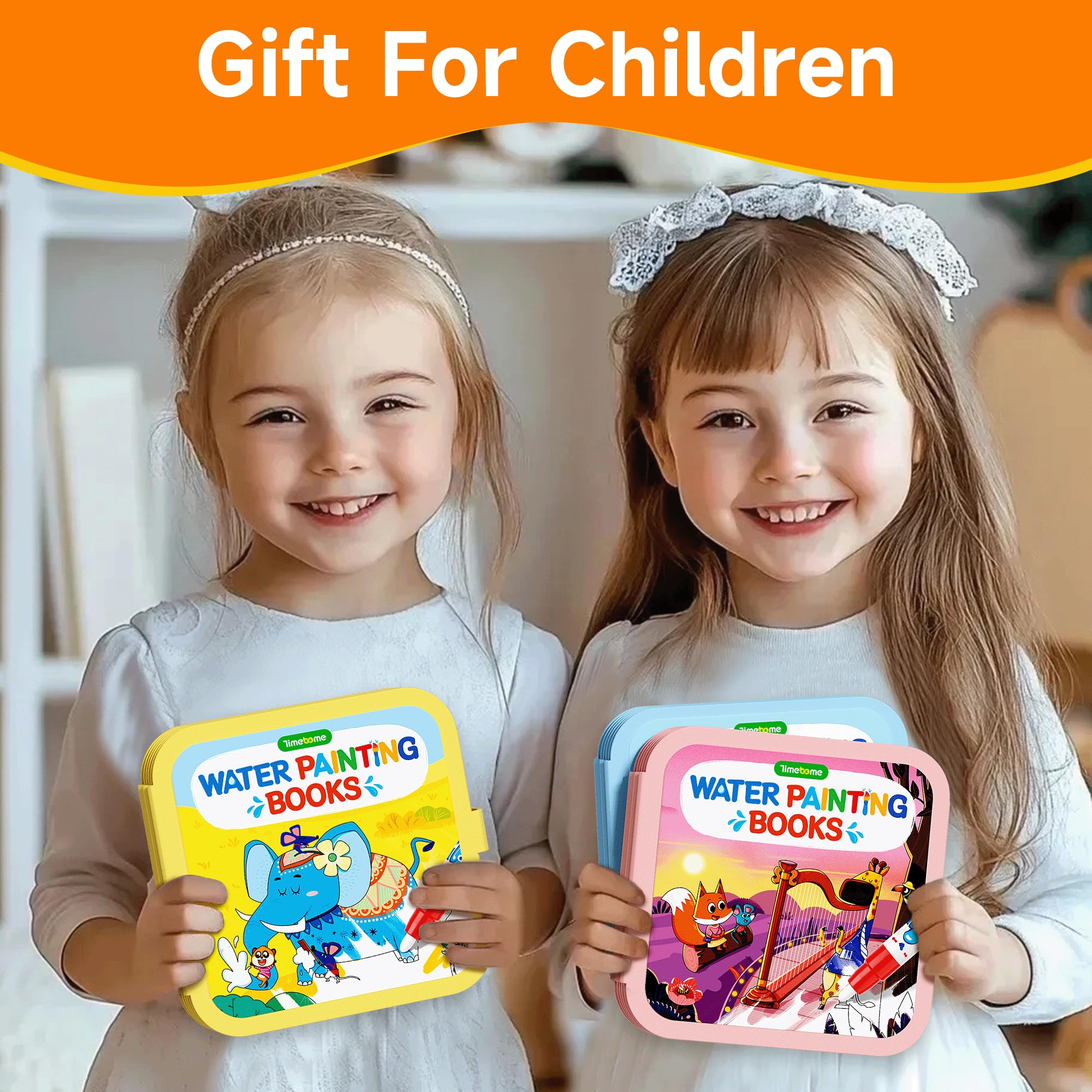 Timetome page before and after water showing instant color reveal and reusable play benefit