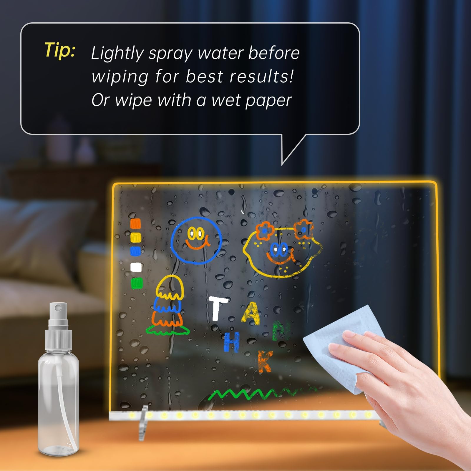 Timisigns child using board to draw glowing artwork, boosting creativity and focus