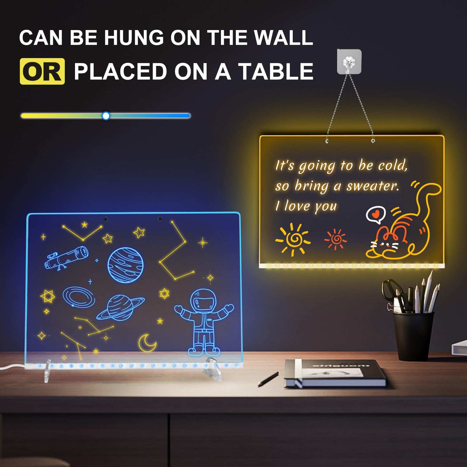 Timisigns size comparison next to A4 paper showing compact desk-friendly dimensions