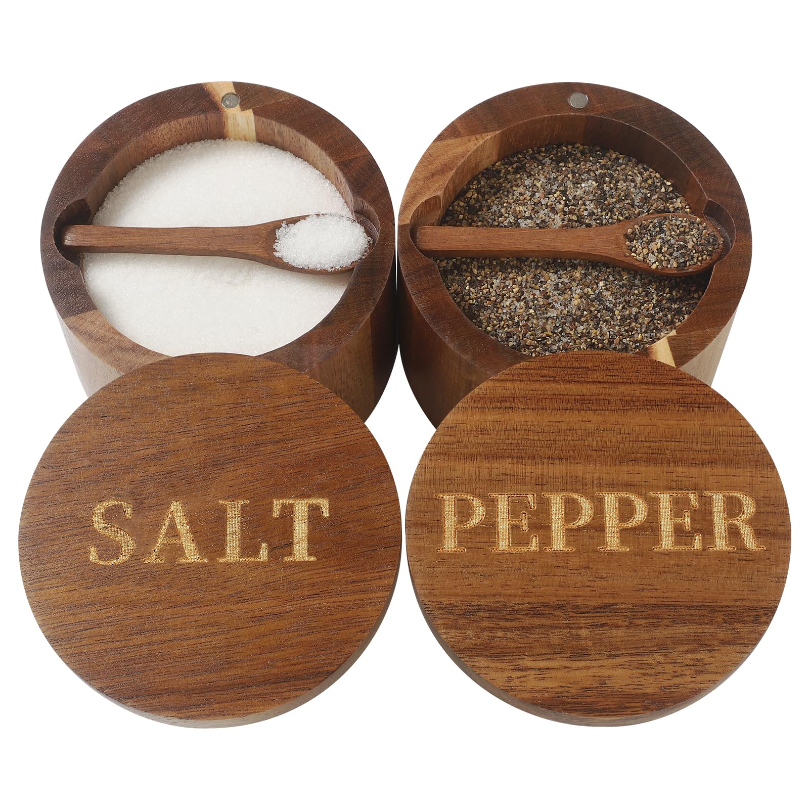 Timtopno front view of engraved salt and pepper set showing organized countertop benefit