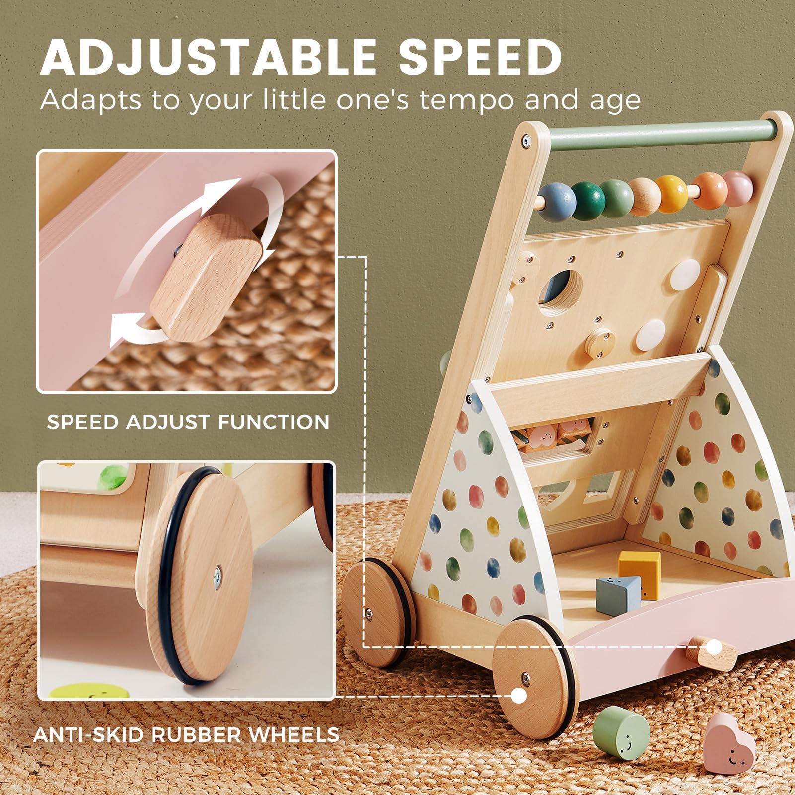 Tiny Land wheel and base detail showing rubber wheels that protect floors