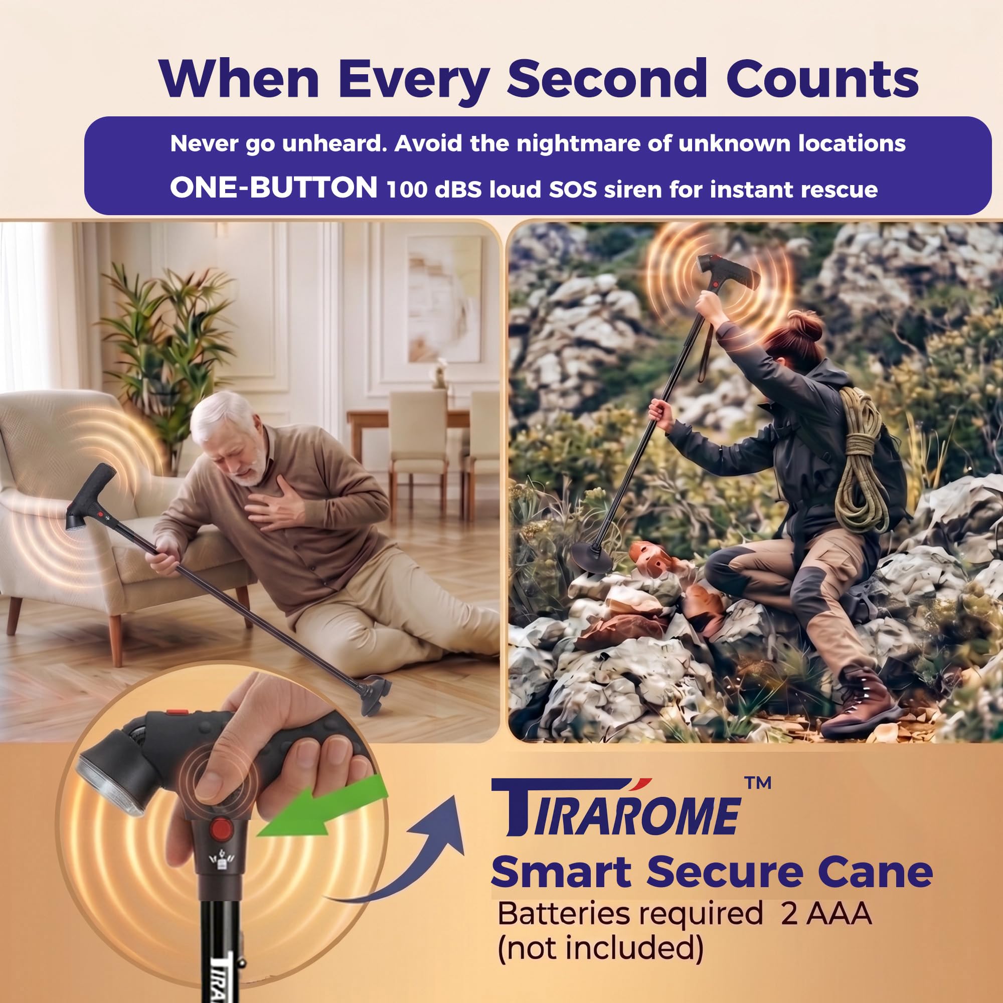 TIRAROME folded compact cane fitting into a travel bag for easy portability