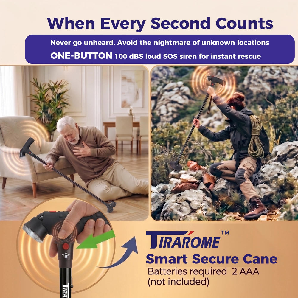 TIRAROME folded compact cane fitting into a travel bag for easy portability