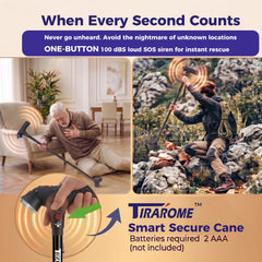 TIRAROME folded compact cane fitting into a travel bag for easy portability