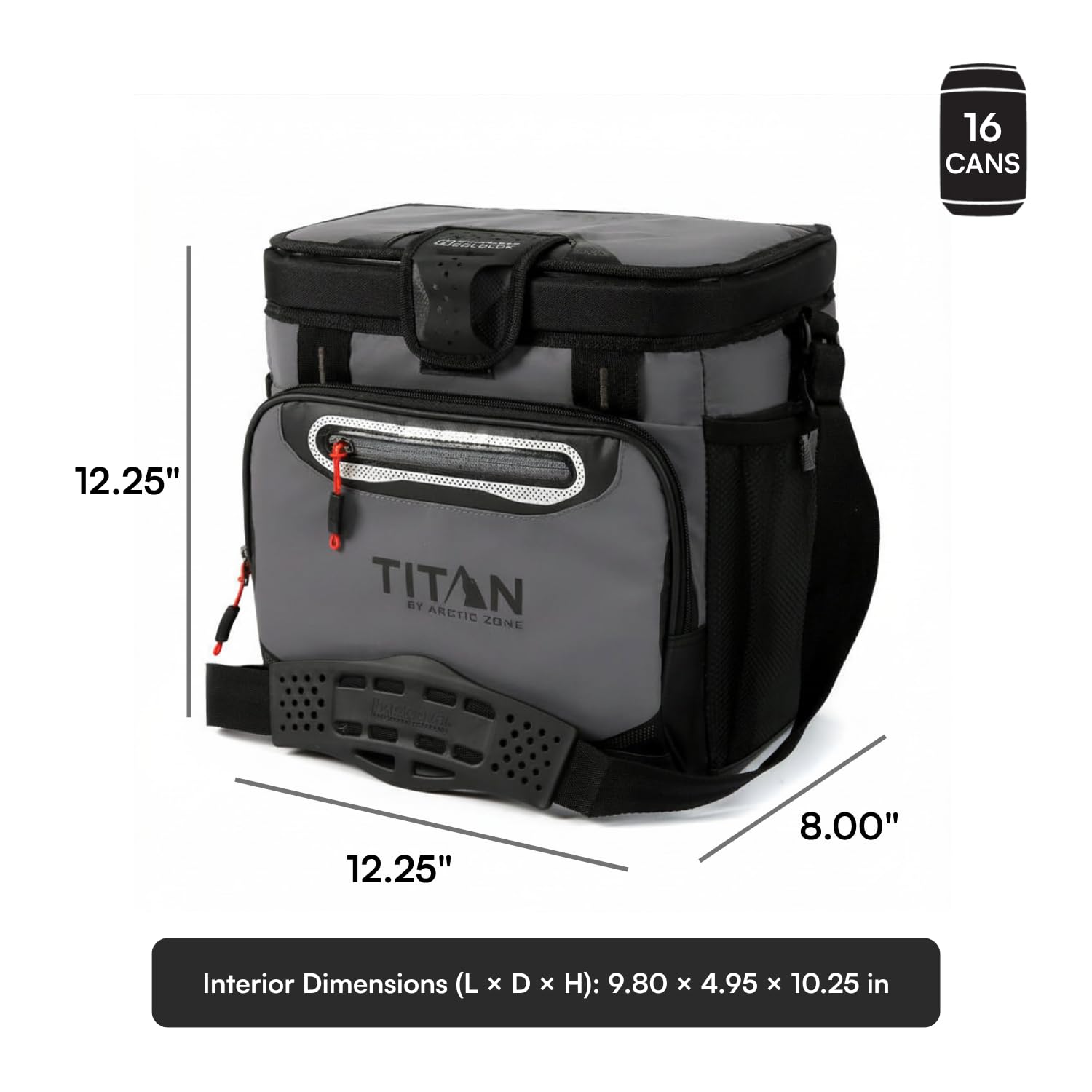 Titan by Arctic Zone cooler beside 16 cans illustrating capacity