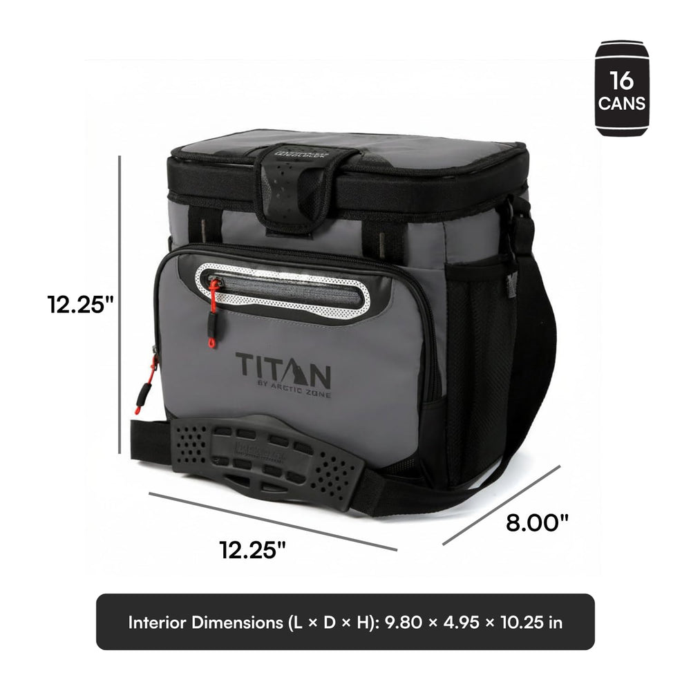 Titan by Arctic Zone cooler beside 16 cans illustrating capacity