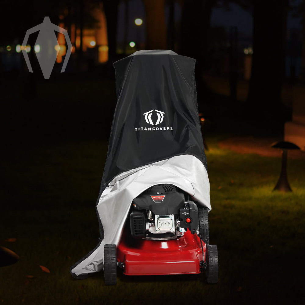 TITANCOVERS mower covered outdoors shielding from rain and leaves
