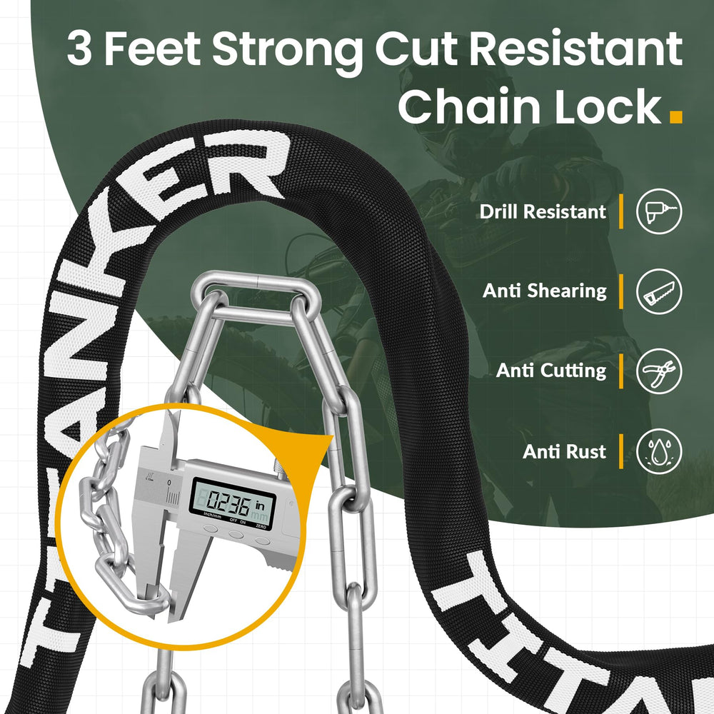 Titanker close-up of 6mm steel chain links demonstrating cut resistance