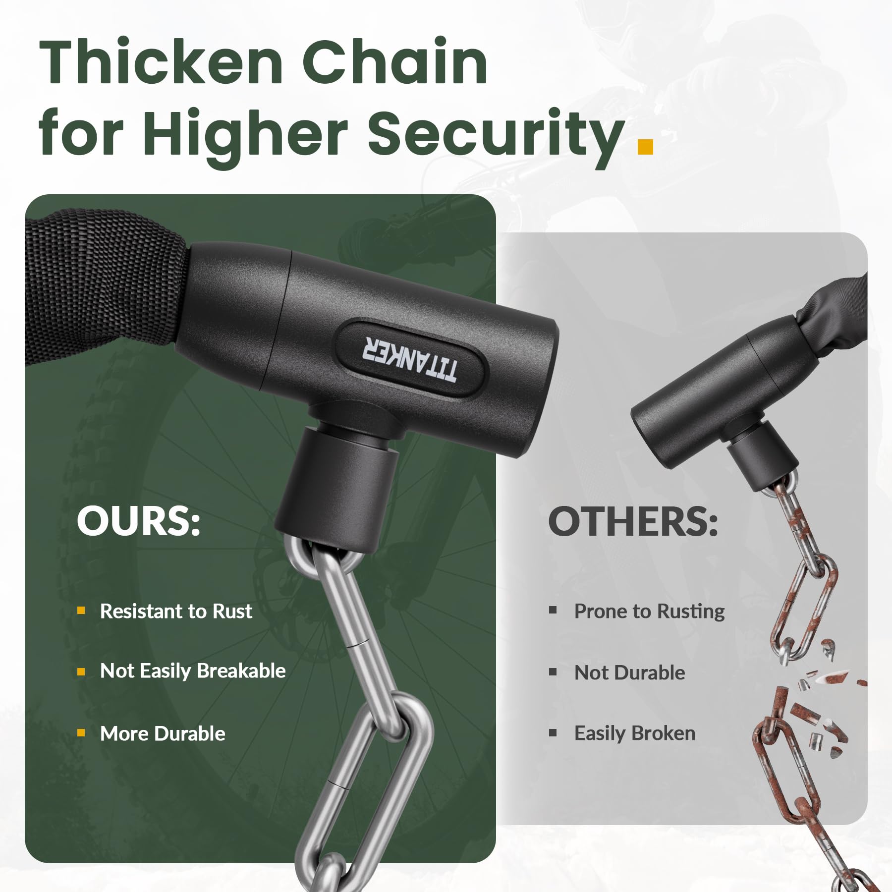 Titanker chain next to ruler showing three-foot length and portable size