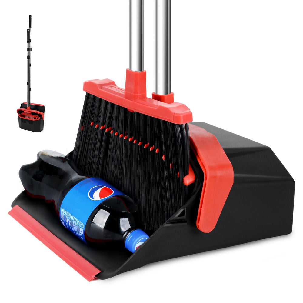 Tiumso front view of broom and dustpan set showing compact storage benefit