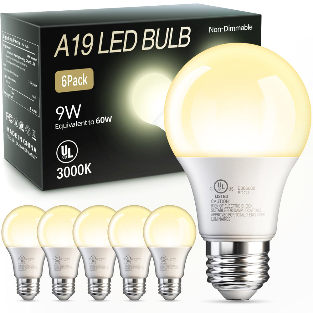 TJOY A19 pack front view showing warm white bulbs and savings