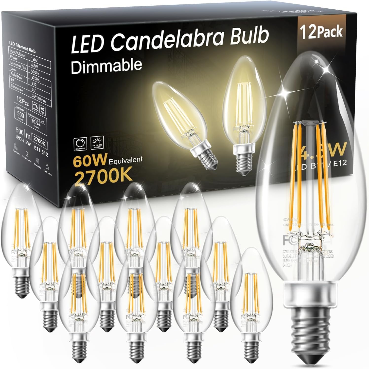 TJOY candelabra bulb front view showing vintage glass and clear flame shape for style