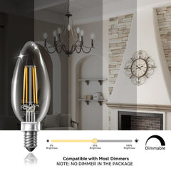 TJOY bulbs lit in a chandelier demonstrating warm 2700K ambience for living spaces