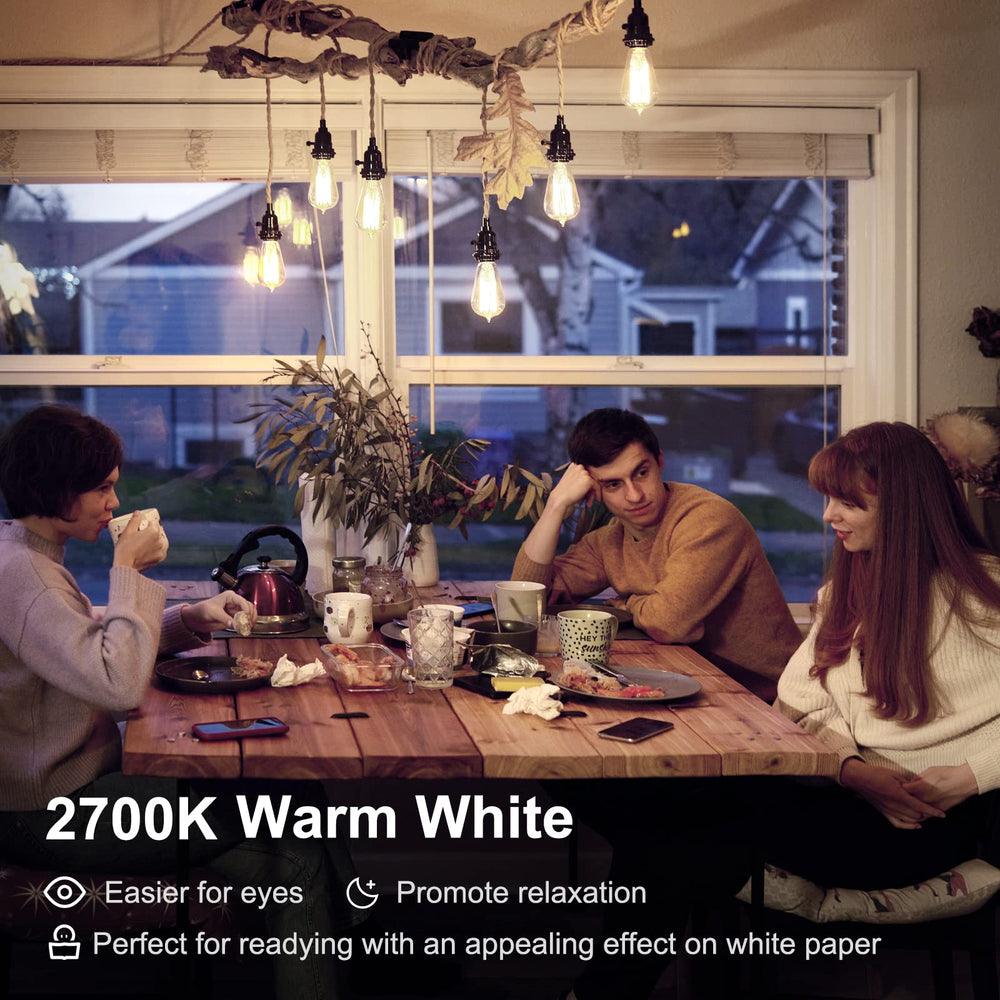 TJOY lit bulbs over dining table demonstrating cozy warm-white atmosphere