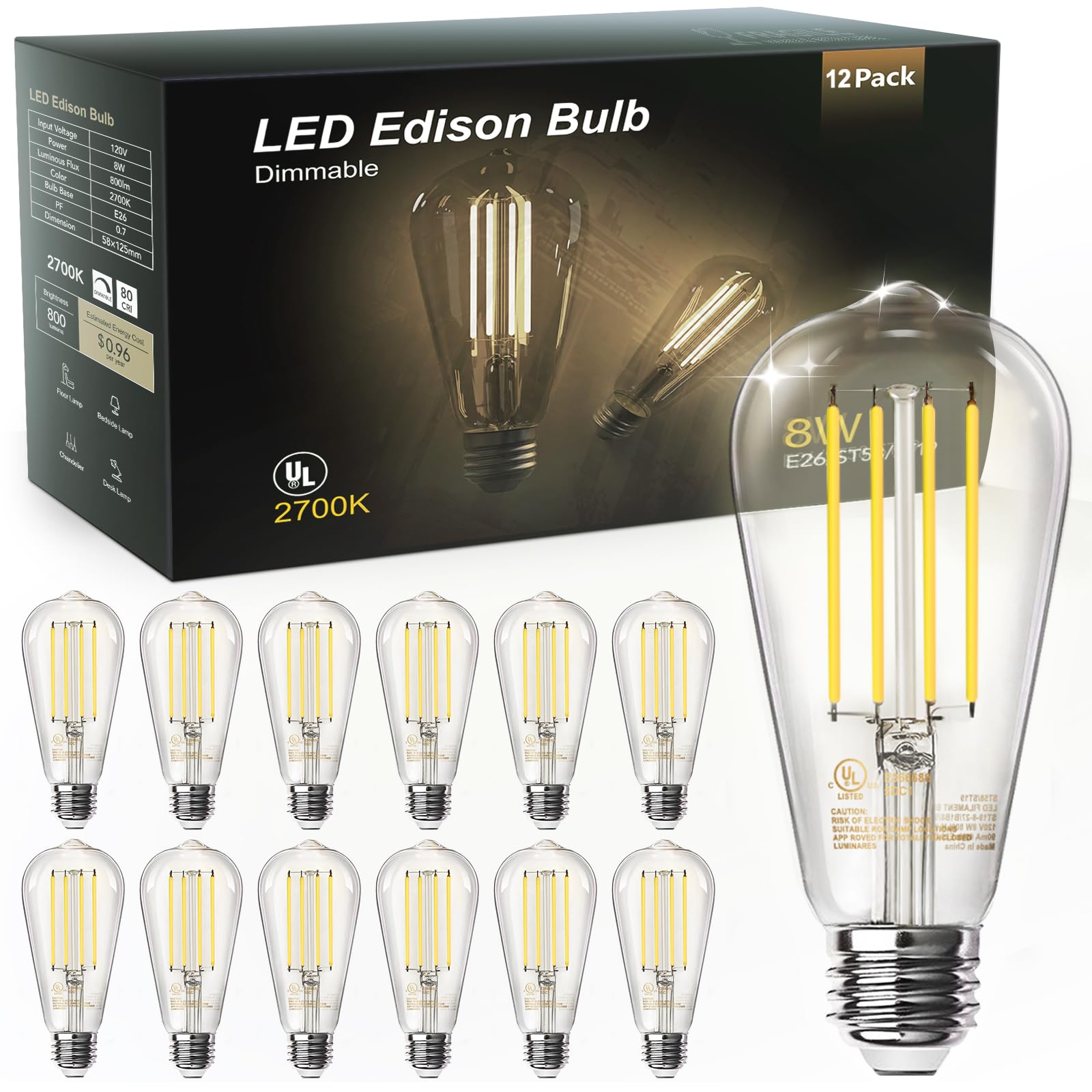 TJOY front view of ST58 Edison bulb showing vintage look and energy saving
