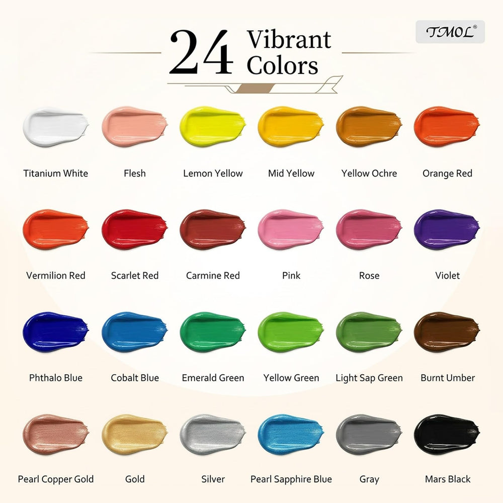 TMOL array of 60ml bottles lined up to show color variety and rich pigments