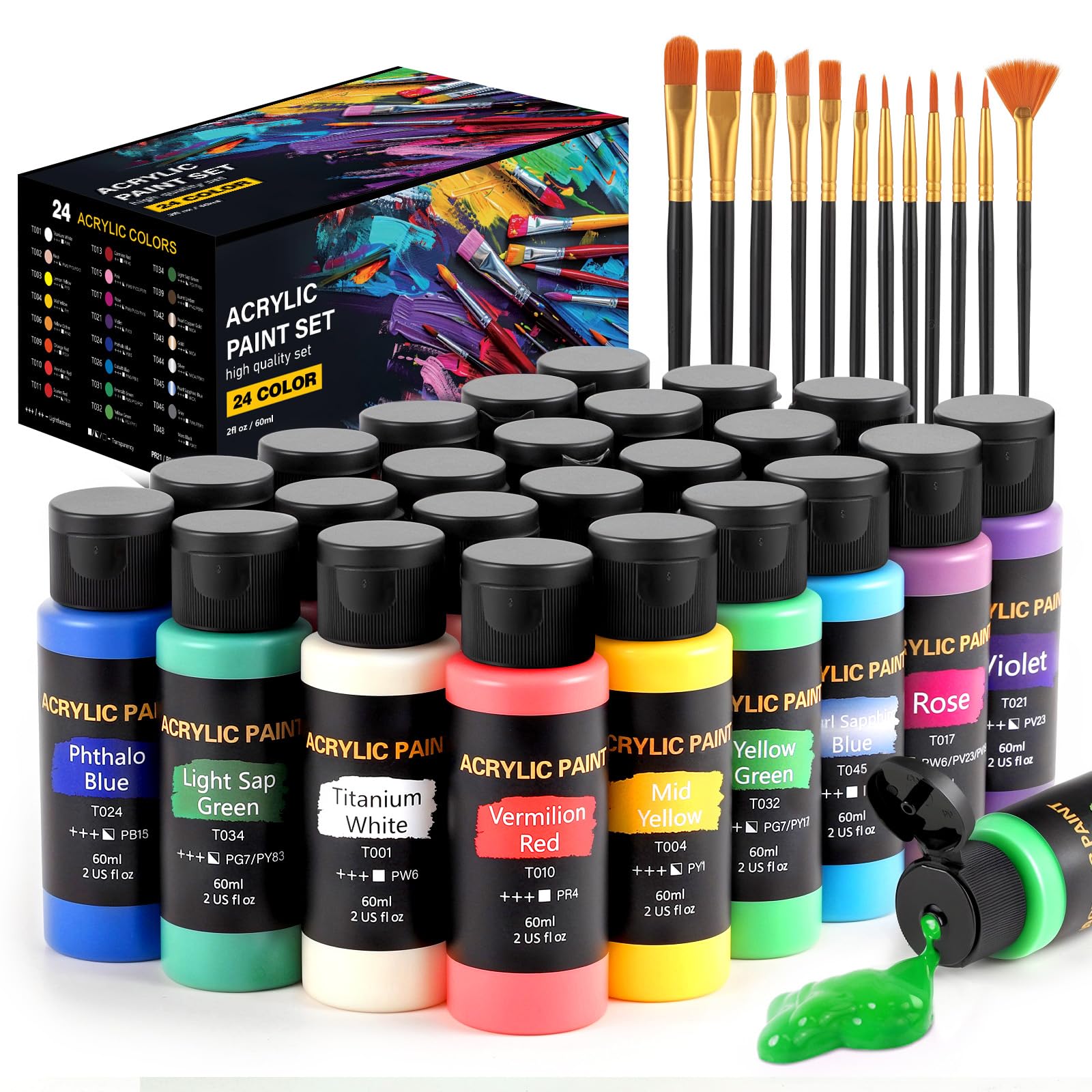 TMOL front packaging showing 24-color set and 12 brushes, ready-to-use kit benefit