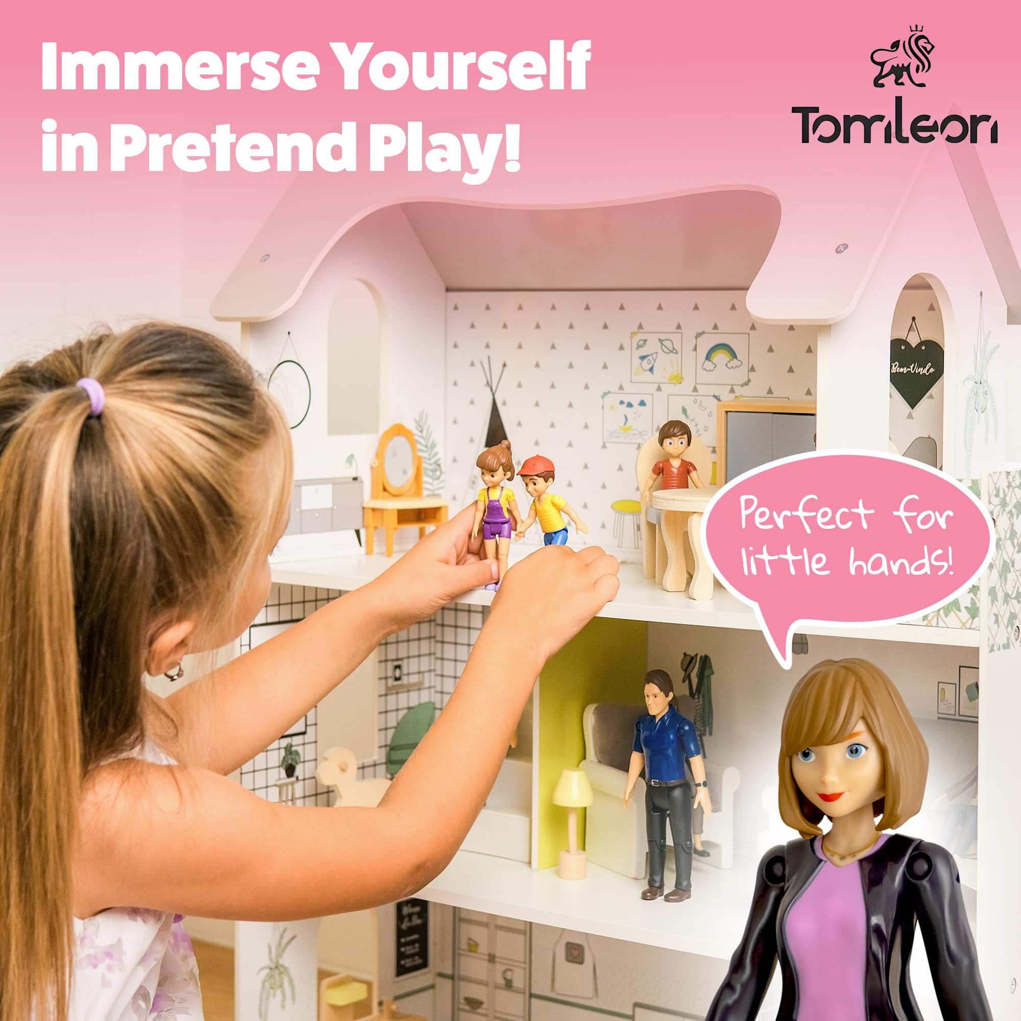 TOMLEON baby girl held in hand showing compact dollhouse scale