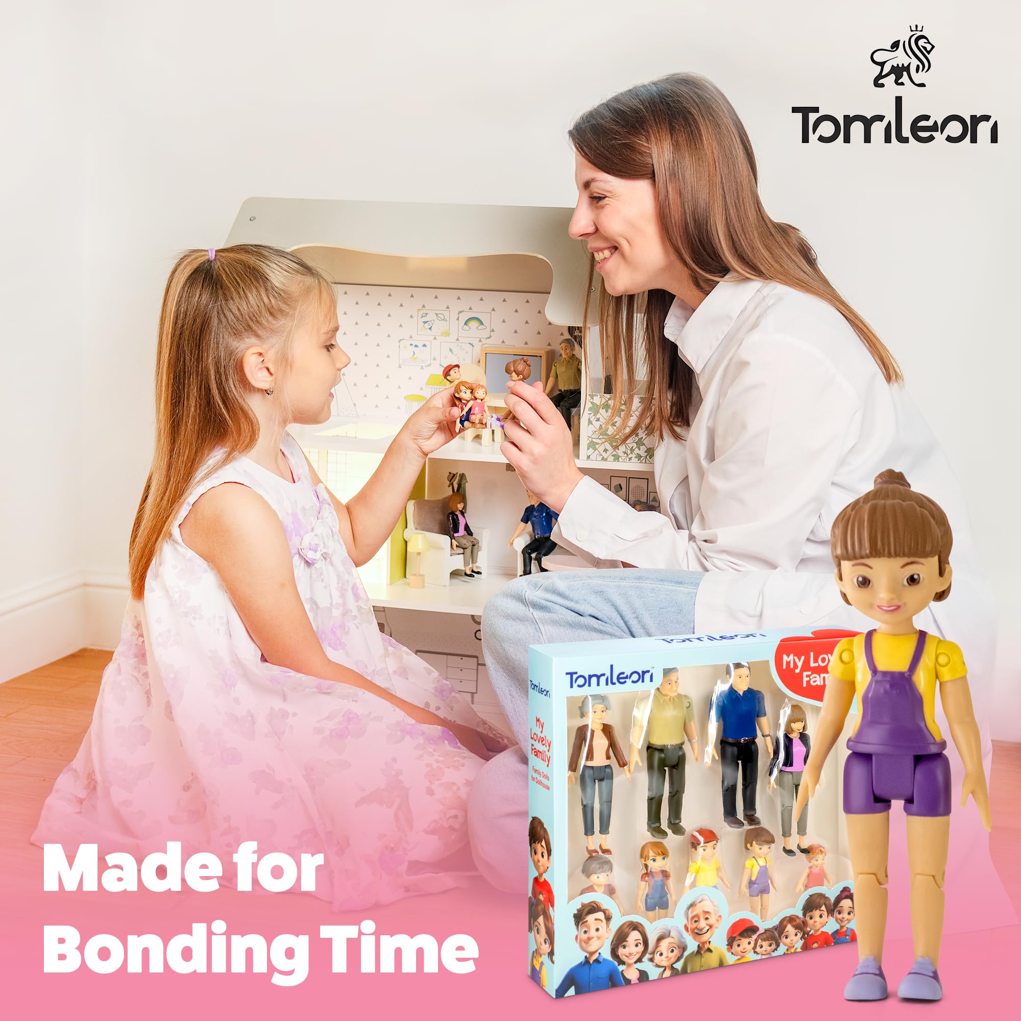 TOMLEON figures staged in dollhouse living room for realistic scenes