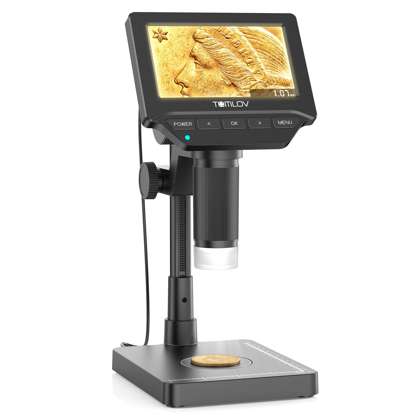 TOMLOV front view shows screen and built-in scale for easy inspection