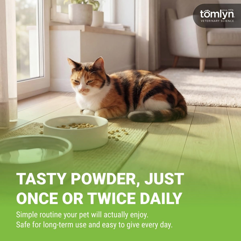 TOMLYN powder sprinkled on cat food showing simple administration benefit