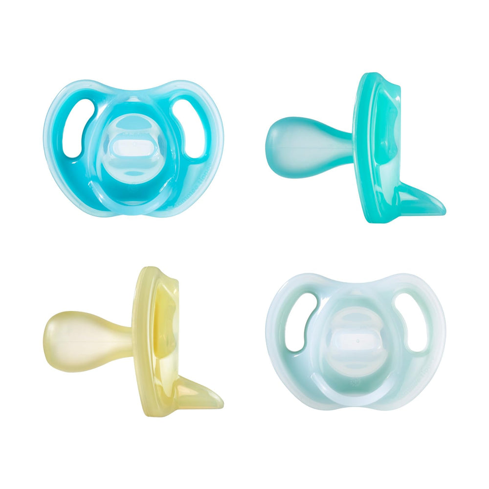 Tommee Tippee front packaging showing four pacifiers and clear safety labeling benefit quick identification