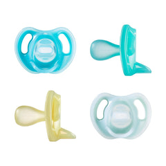 Tommee Tippee front packaging showing four pacifiers and clear safety labeling benefit quick identification