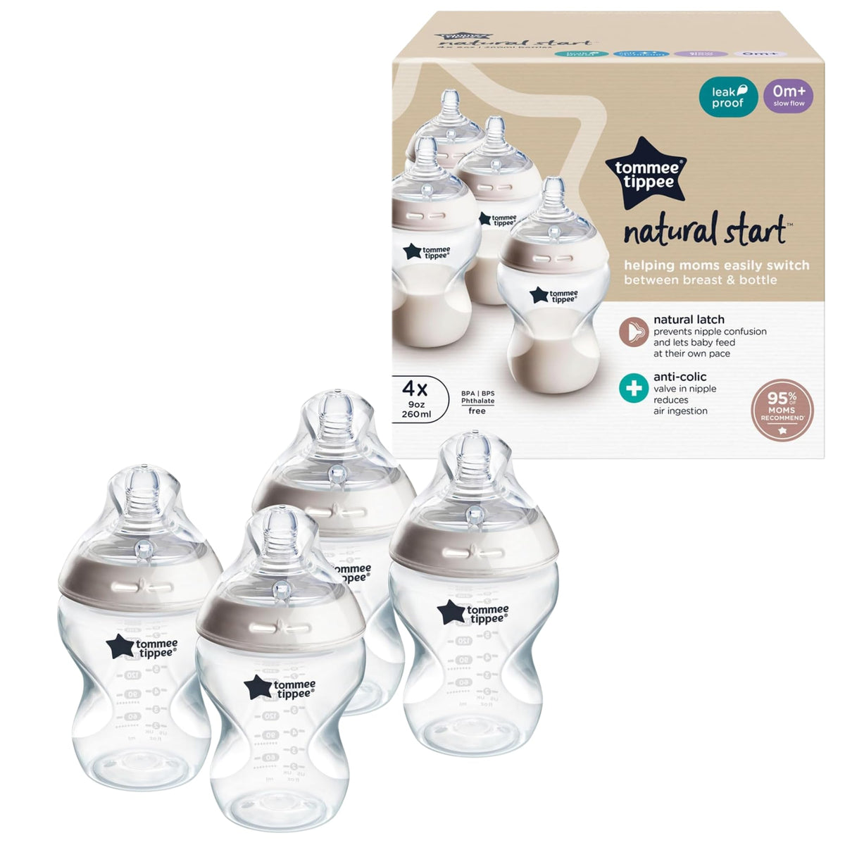 Tommee Tippee front packaging showing pack of four bottles and benefits