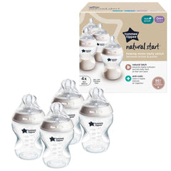 Tommee Tippee front packaging showing pack of four bottles and benefits