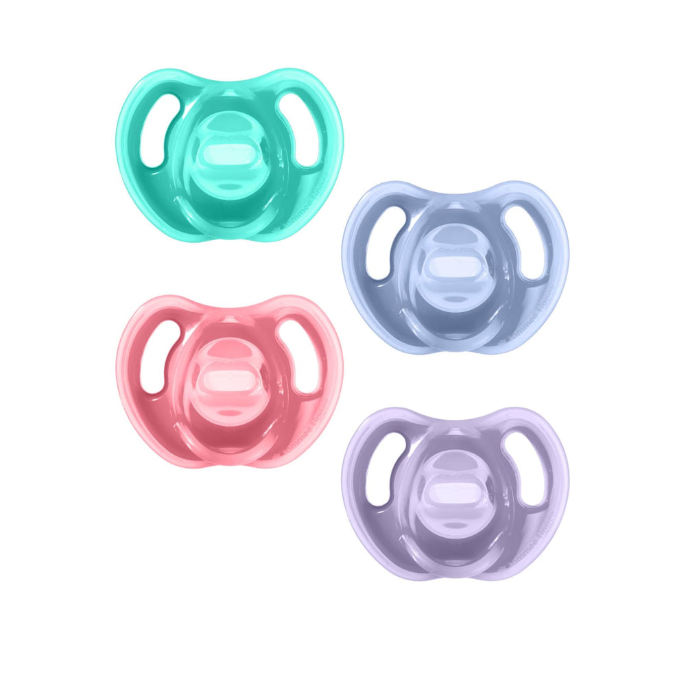 Tommee Tippee front packaging showing four pacifiers, convenient spare set