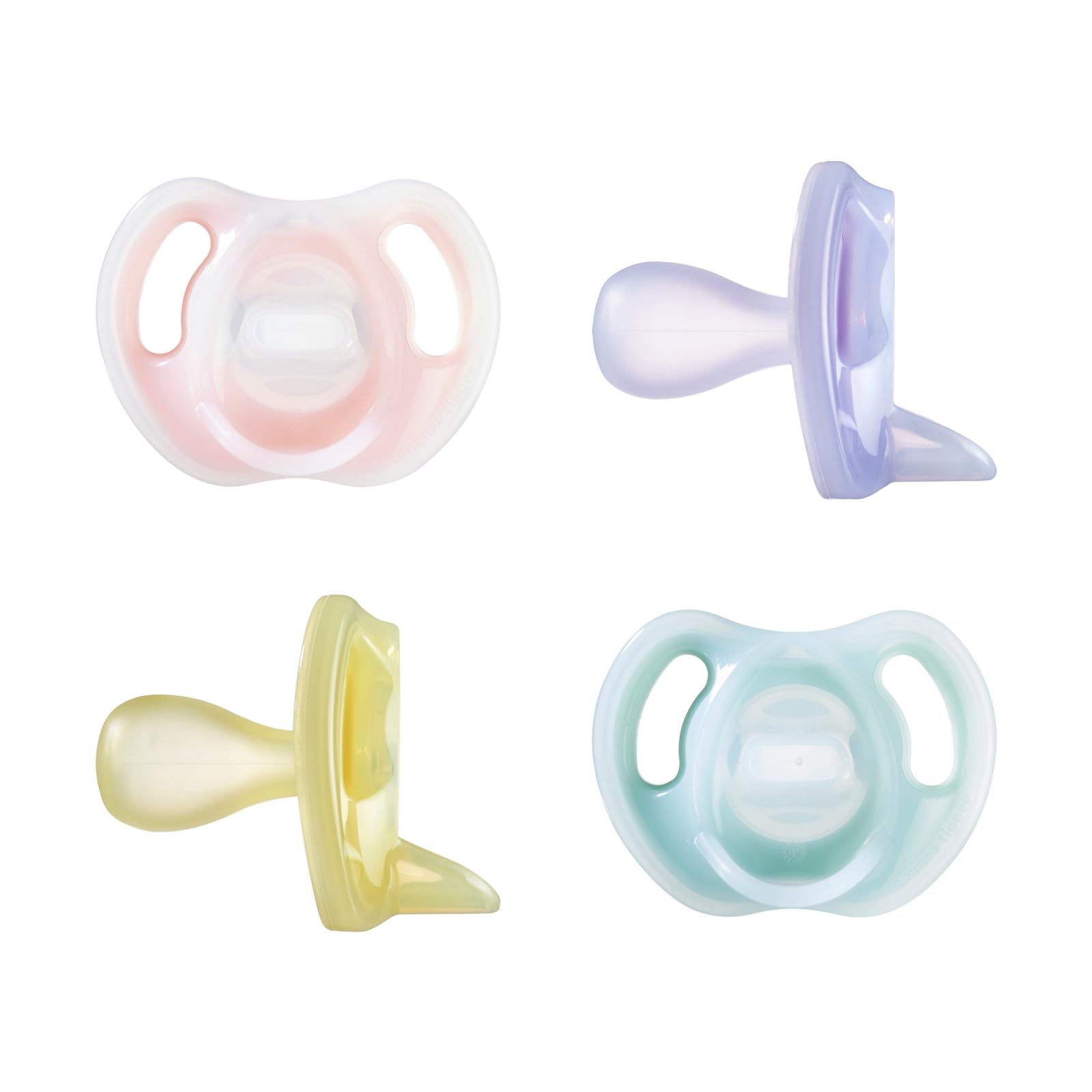 Tommee Tippee front pack view showing four pacifiers and clear labeling for convenience
