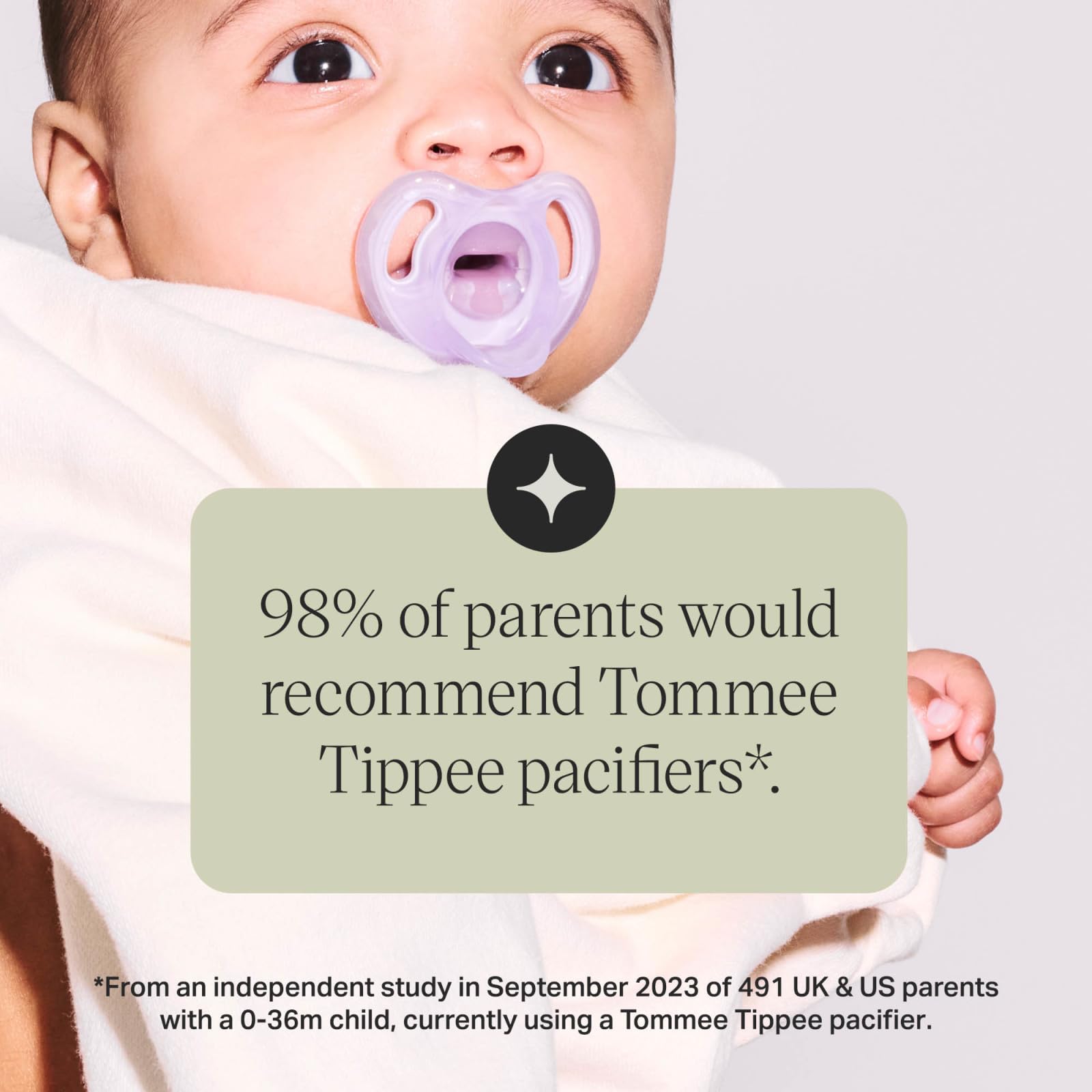 Tommee Tippee next to toddler hand illustrating child-friendly size