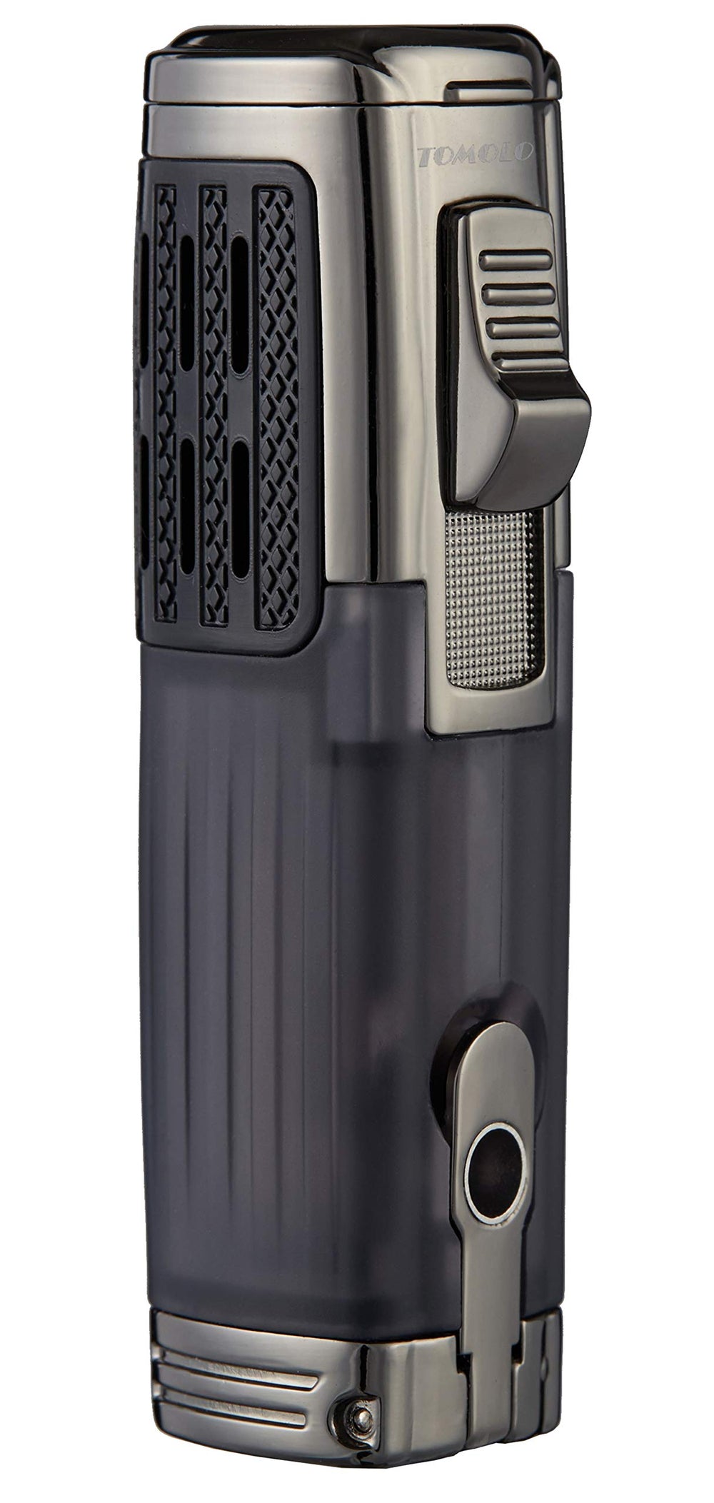 TOMOLO transparent fuel tank close-up displaying visible butane level for convenience