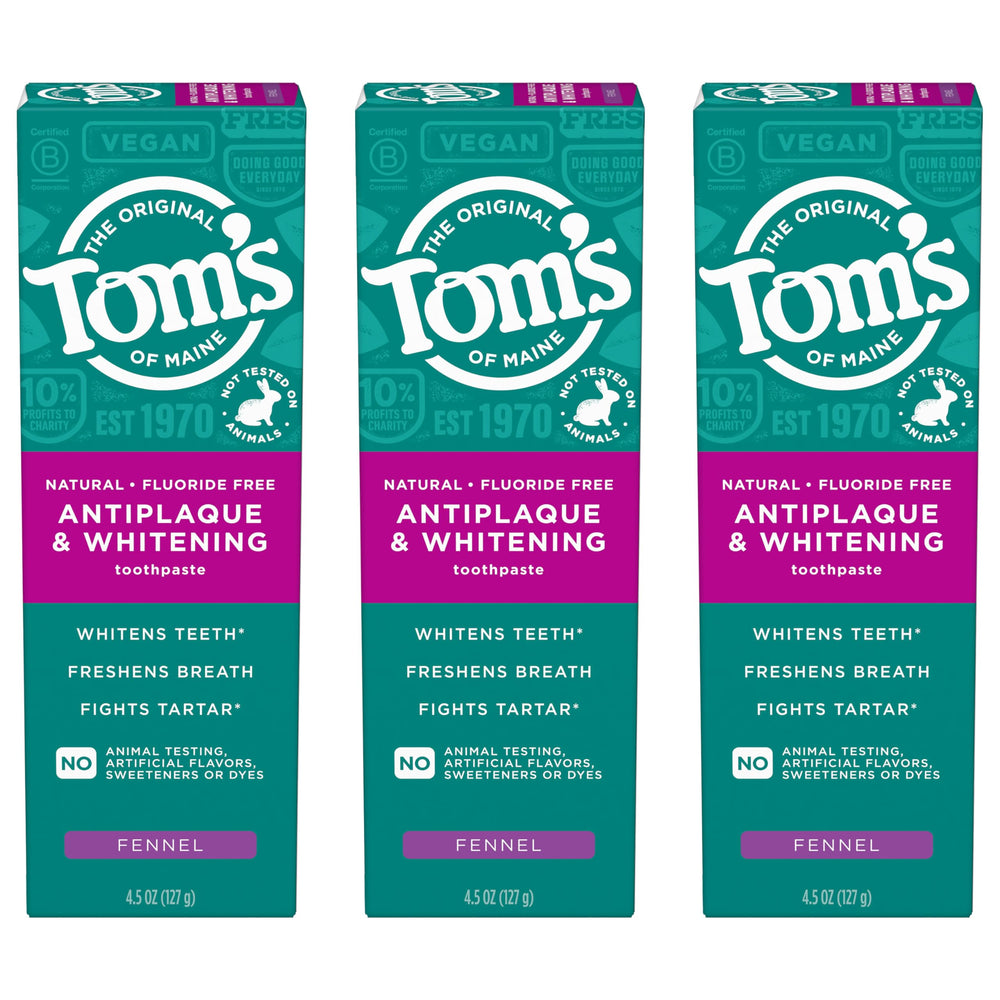 Tom's of Maine front packaging showing fennel flavor and three-pack convenience