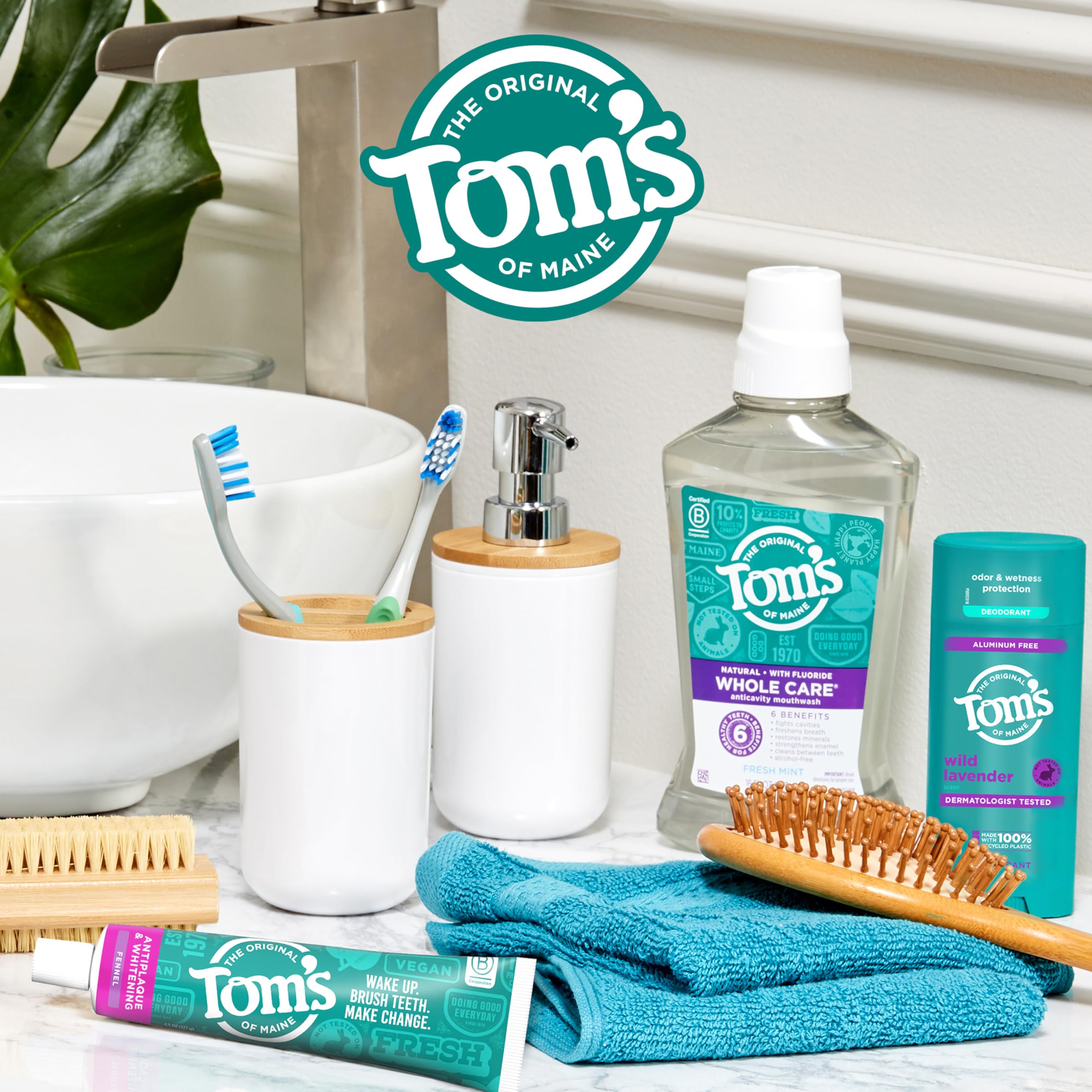 Bathroom countertop with Tom's of Maine showing natural flavor and routine use