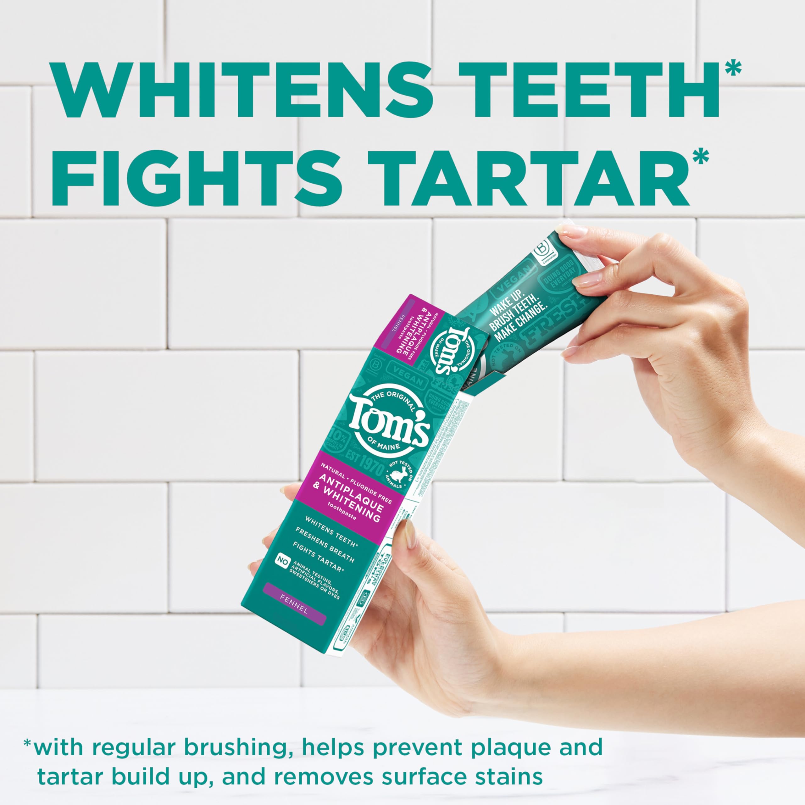 Tom's of Maine tube cap close-up demonstrating easy one-handed dispensing benefit
