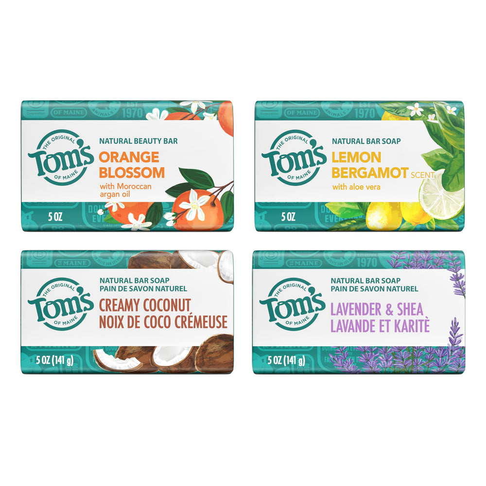 Tom's of Maine front packaging showing four scented bars and product variety benefit