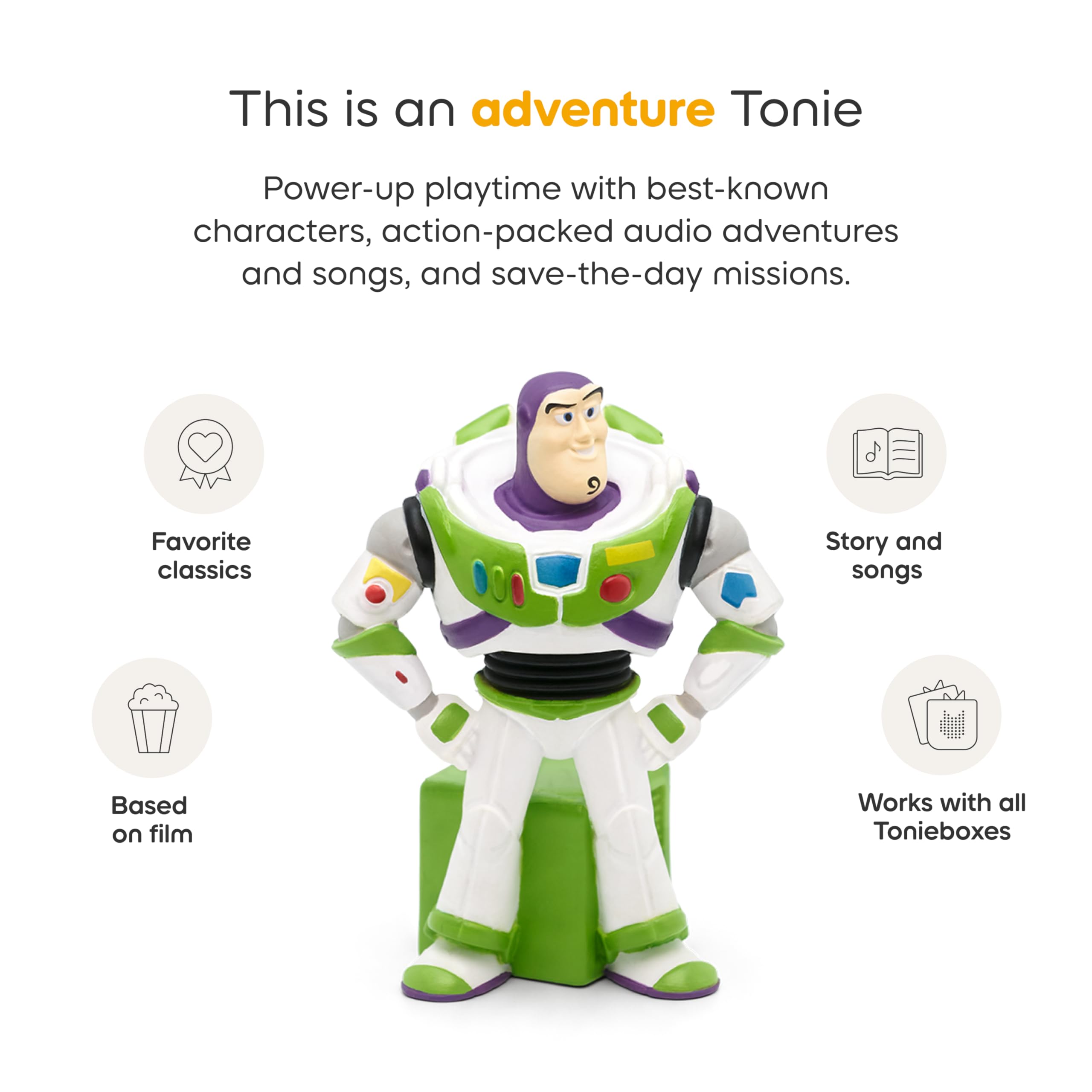 Tonies Buzz Lightyear on a Toniebox demonstrating instant play benefit