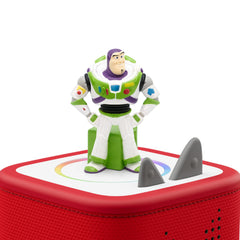 Tonies Buzz Lightyear product label detailing songs and story benefits