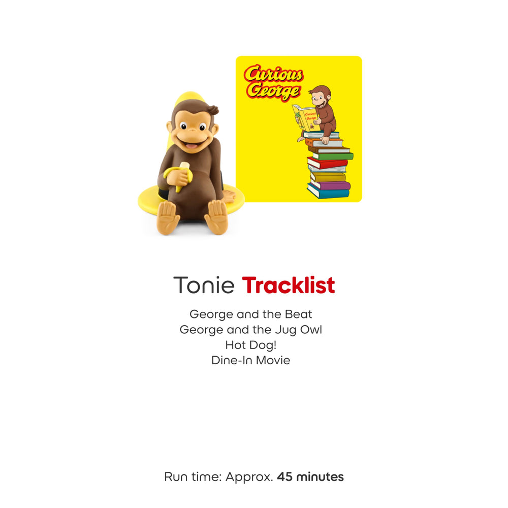Tonies Curious George next to a child’s hand demonstrating compact travel size