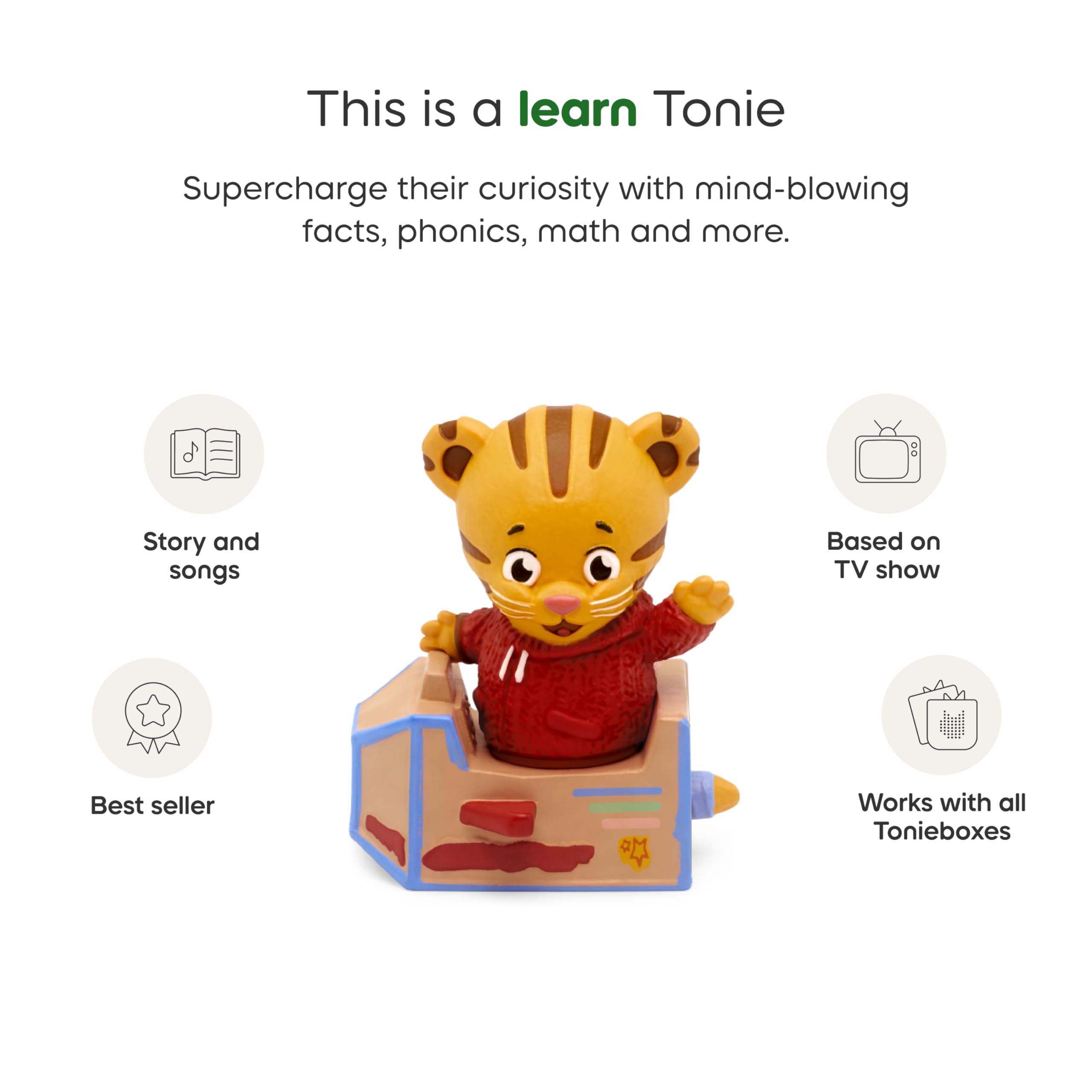 Tonies Daniel the Tiger attached to Toniebox playing audio for easy use benefit
