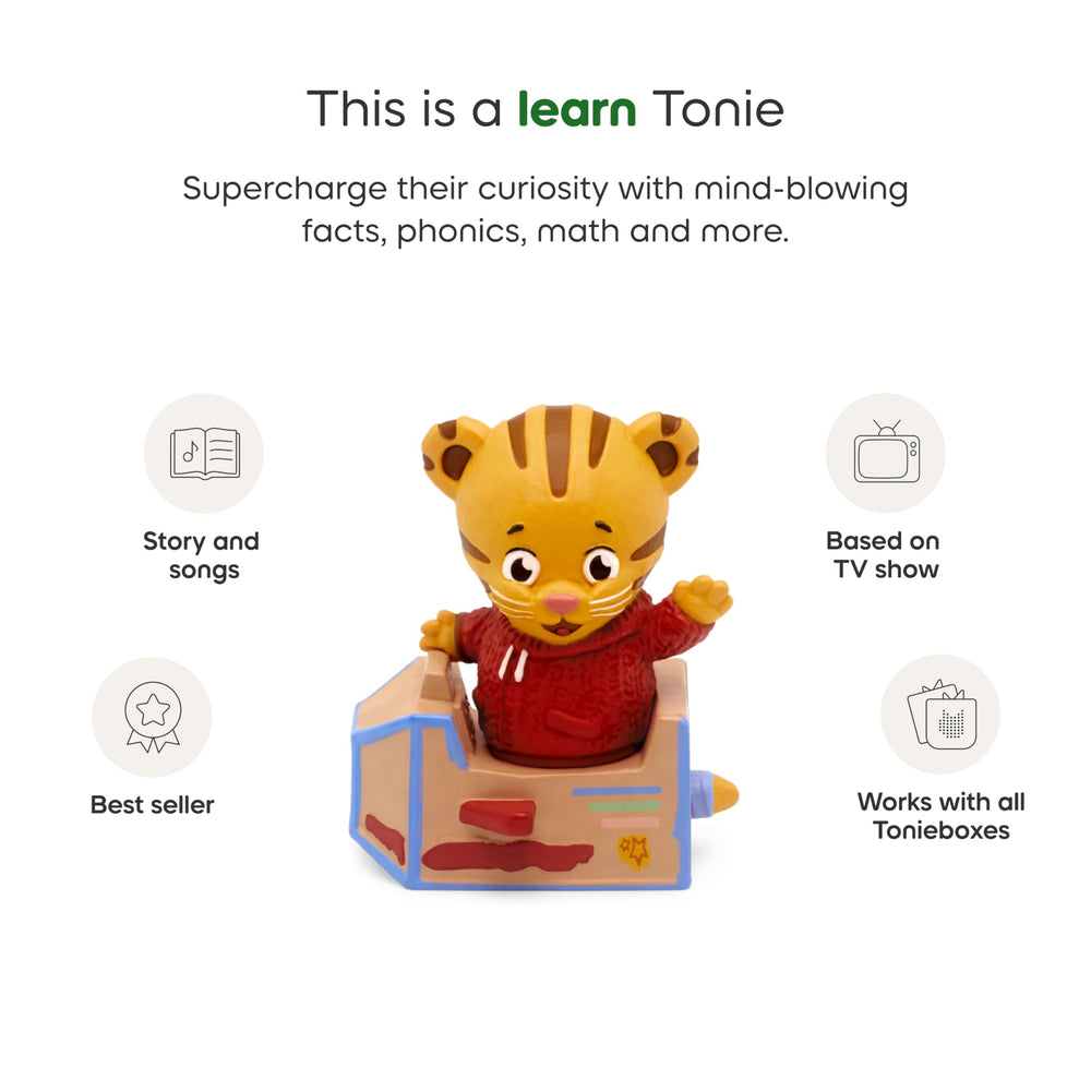Tonies Daniel the Tiger attached to Toniebox playing audio for easy use benefit
