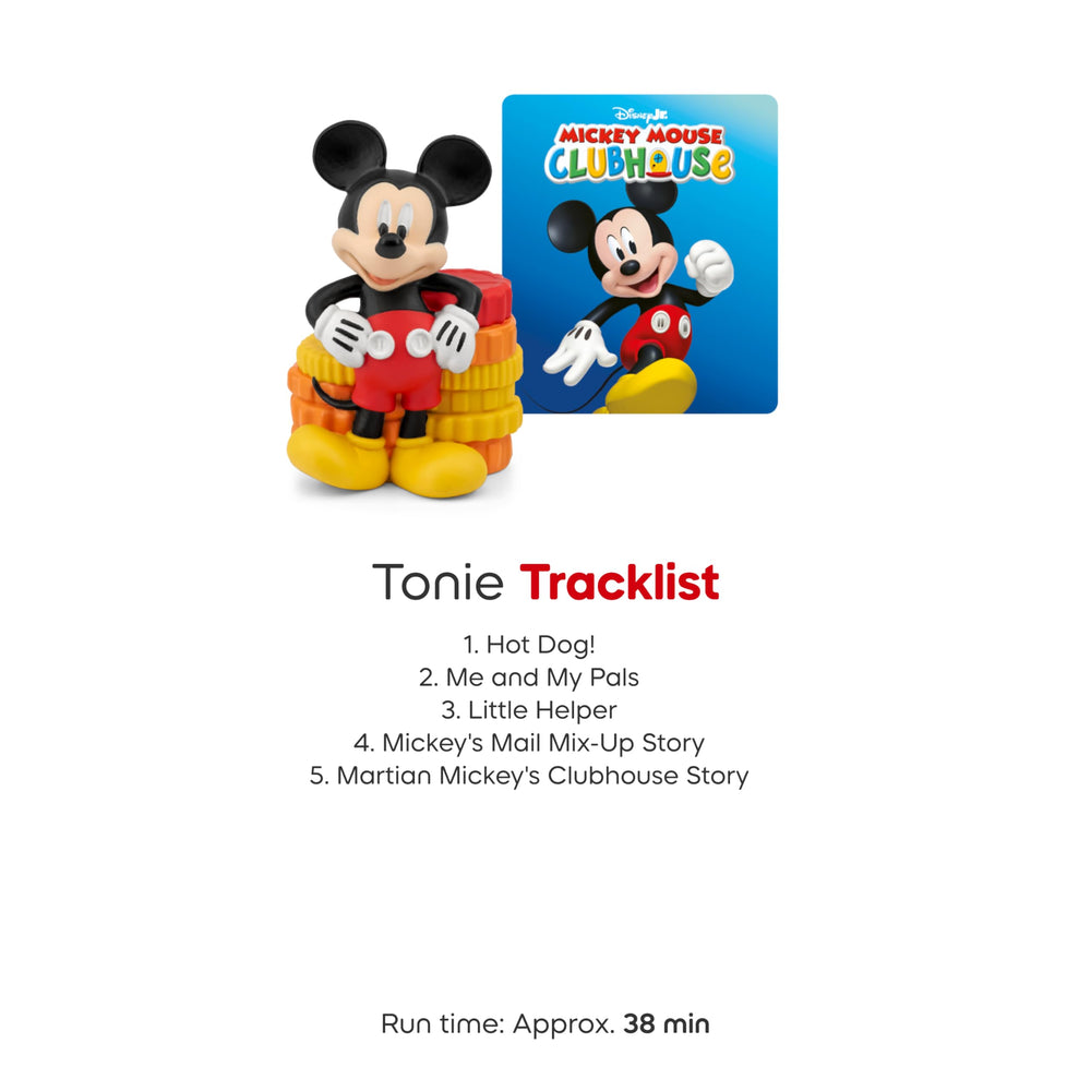 Tonies Mickey Mouse next to a toddler hand for size comparison and easy grip benefit