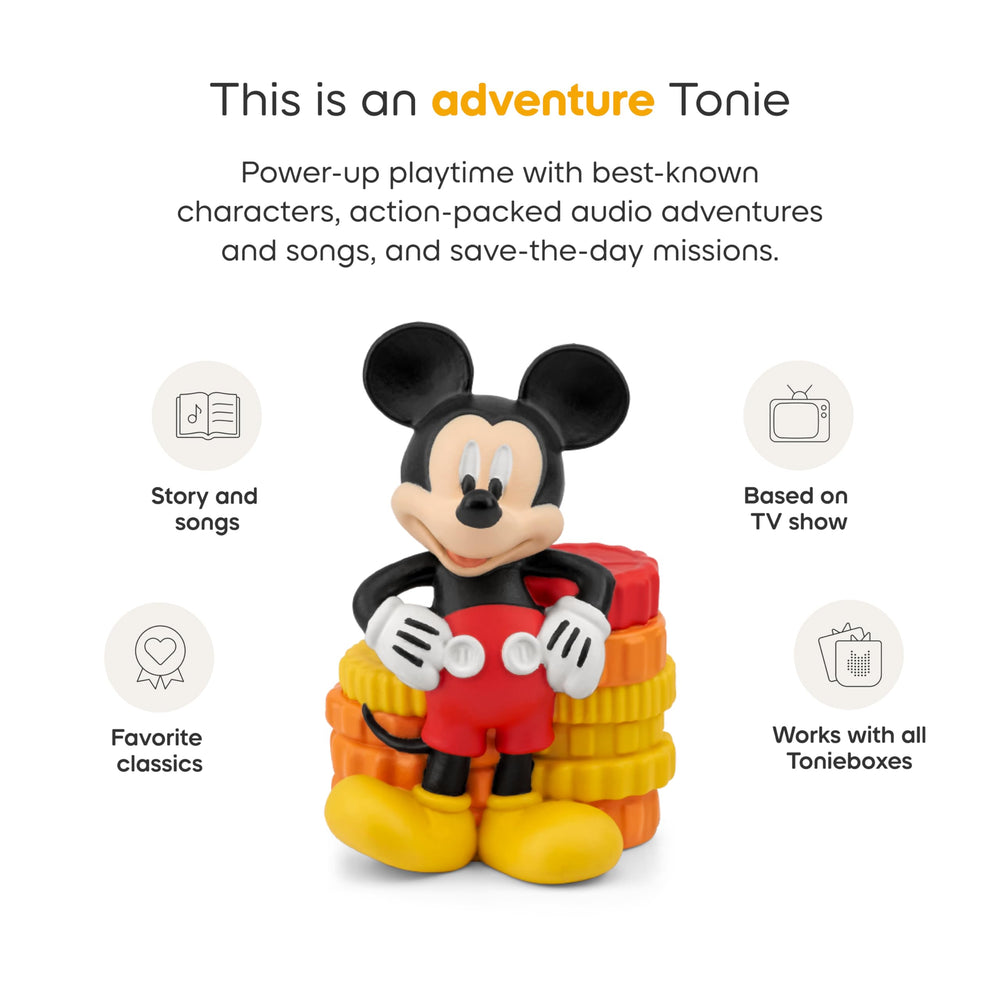 Tonies Mickey Mouse tracklist label showing included songs and stories for clear content benefit