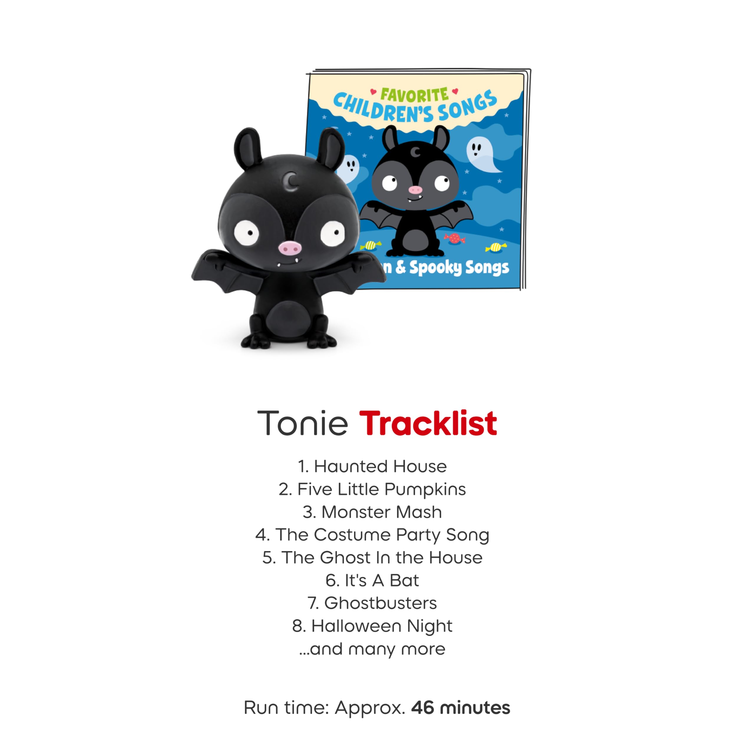 Tonies tracklist closeup highlighting 16 Halloween songs for seasonal playlists